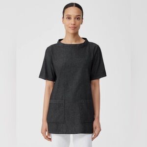 Eileen Fisher Organic Cotton Twill Mock Neck Tunic Top Gray Pockets PS